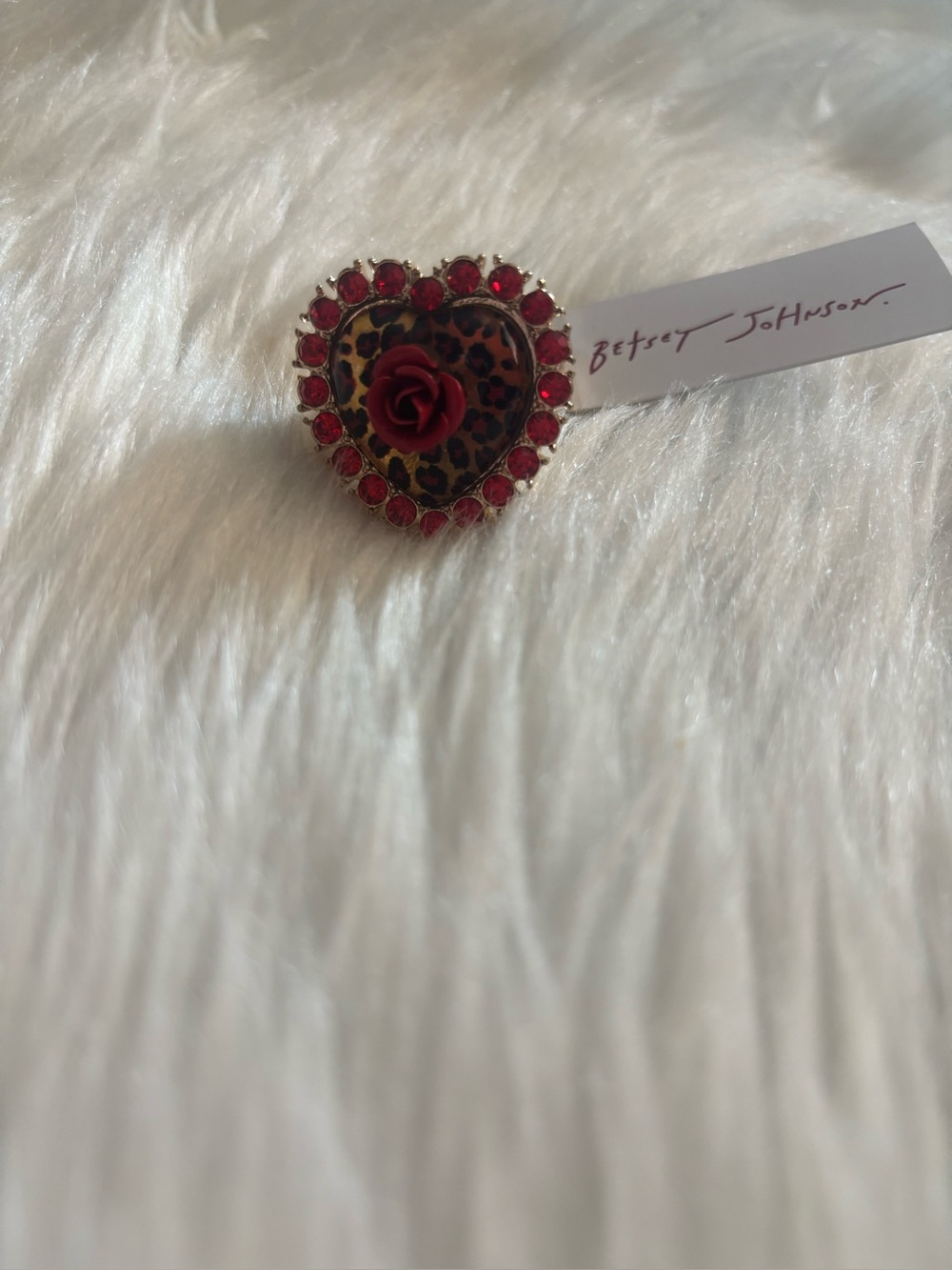 Betsey Johnson Red Leopard Heart Ring with Rose Accent